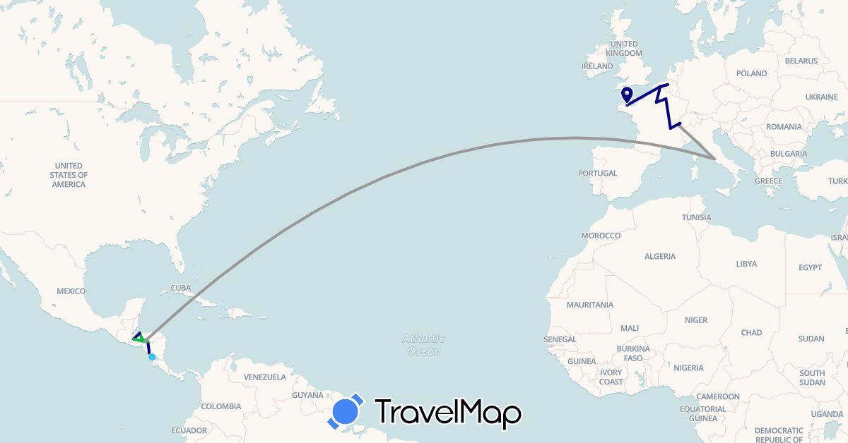 TravelMap itinerary: driving, bus, plane, boat in Belgium, Switzerland, Costa Rica, France, Honduras, Italy, Nicaragua (Europe, North America)